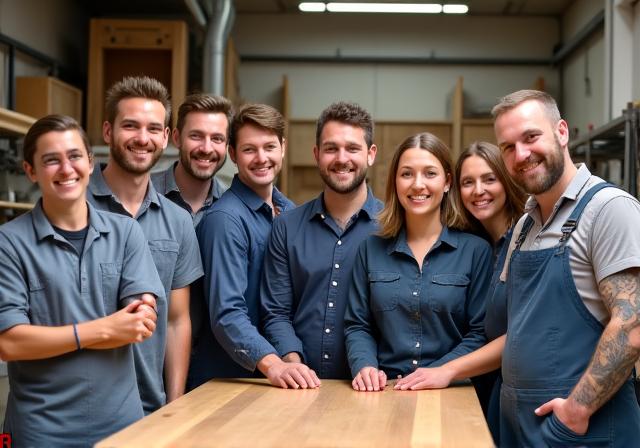 The Aussie Kitchen Creations team smiling in their workshop.