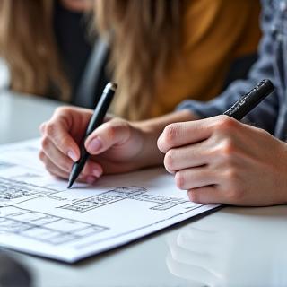 A designer sketching kitchen plans with a client.