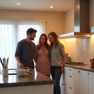 A happy family admiring their newly completed kitchen.