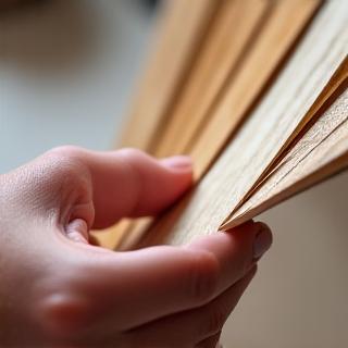 Close-up of a hand selecting wood samples.